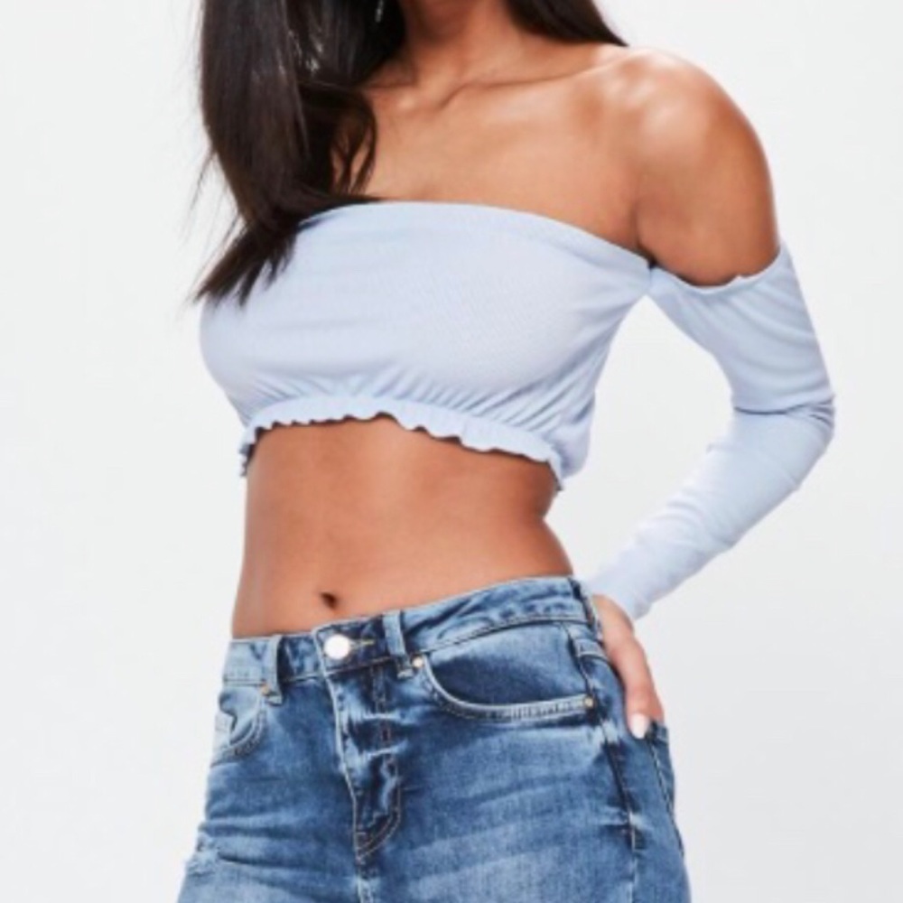 Light Blue Pin Stripped Off The Shoulder Crop....